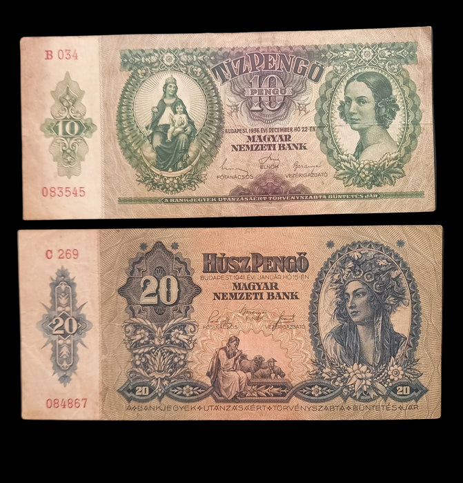 Vintage Banknote 1930-1941 Hungary Pengő 4pc Set 10 20 50 100 Old Paper Money Excellent