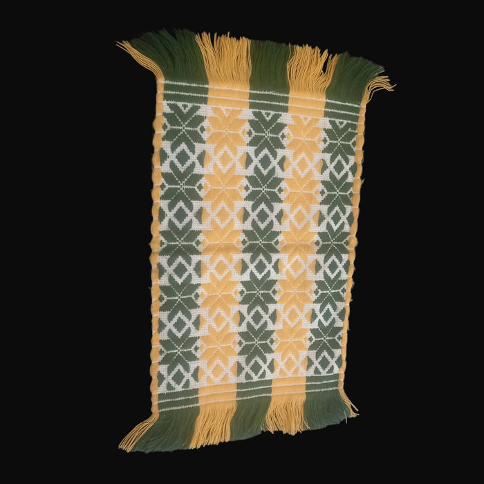 Vintage Hungarian Folk Art Table Runner Green Yellow Star Handmade Decor 1970s