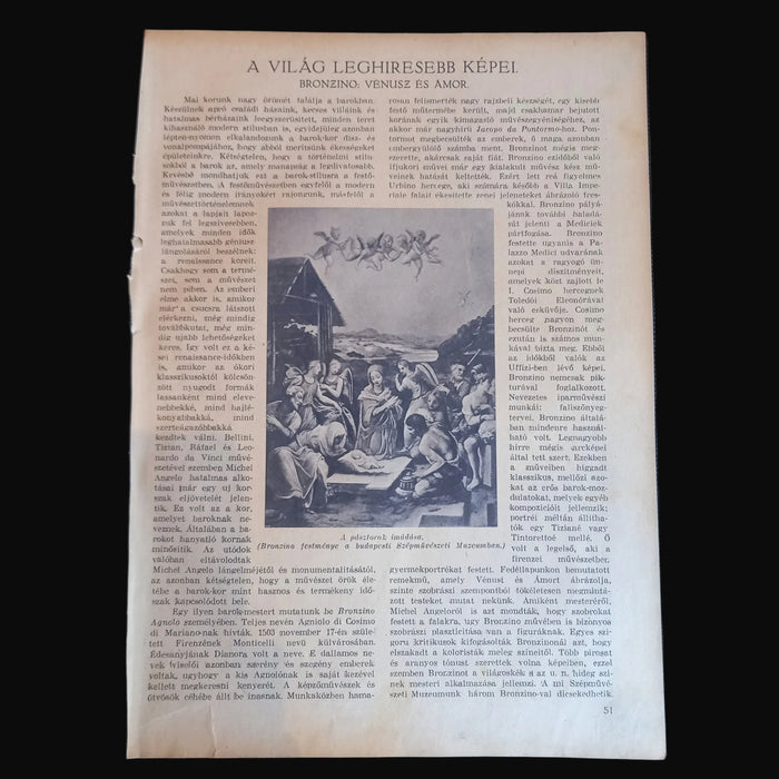 Vintage Ephemera 1930 Italian Agnolo Bronzino Venus & Cupid Art Page Hungary
