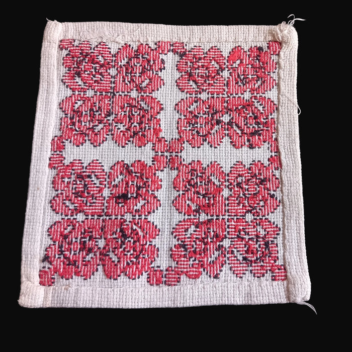 Vintage Hungarian Folk Art Doily Red Knots Handmade Cross Stitch Rustic Bereg 1960s