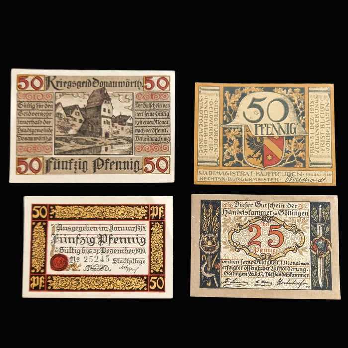 Antique Banknote 1918 Germany WWI Notgeld Set Donauworth Kaufbeuren Rottweil 25/50 Pfennig