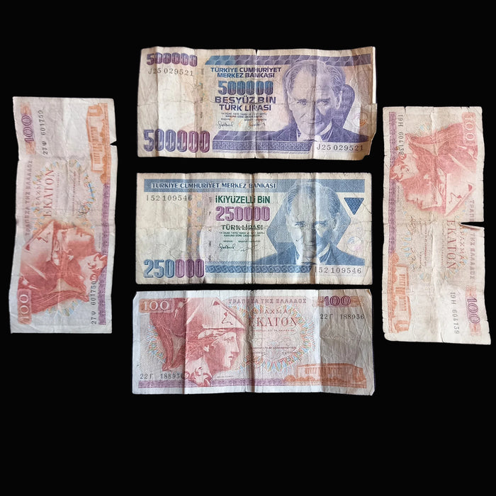 Vintage Banknote Mediterranean Lot 1978 Greece 100 Drachmai 1990s Turkish Lira 250 500K