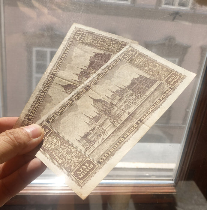 Vintage Banknote 1946 Hungary 100M Százmillió Pengő Pair Palóc Girl Portrait Hyperinflation Currency