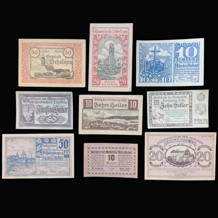 Antique Banknote Notgeld 1920 Austria Alpine Town Church 9pc Set Emergency Money Excellent