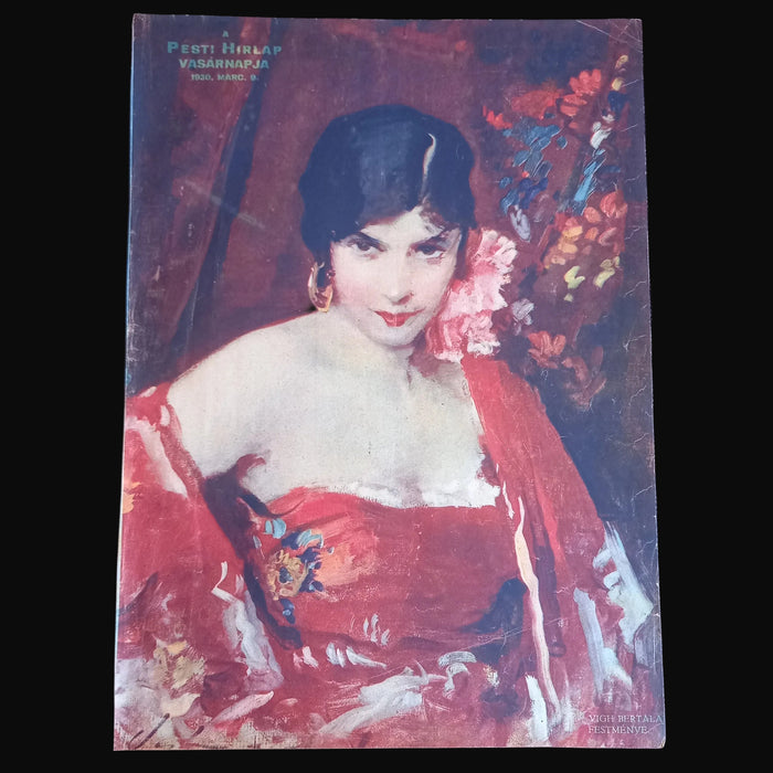 Vintage ephemera from Hungarian A  Pesti Hirlap Vasarnapja 1930 of a woman in a red dress with floral background