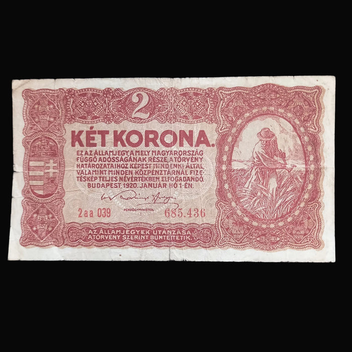 1920 Hungary Banknote 2 Korona Antique Post-WWI Imperial Reaper Vignette Két Bill