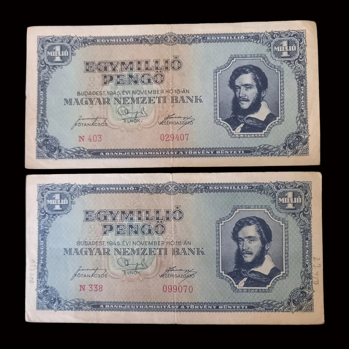 Vintage Banknote 1945 Hungary 1M Egymillió Pengő Pair Lajos Kossuth Hyperinflation Money