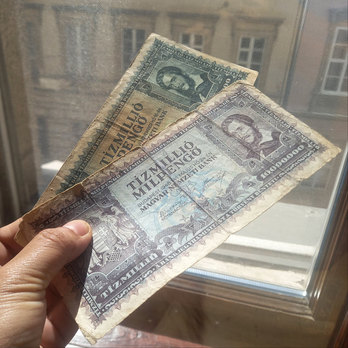 Vintage Banknote 1945-1946 Hungary 10 Million Tízmillió Pengő & 10000000000000 Milpengő