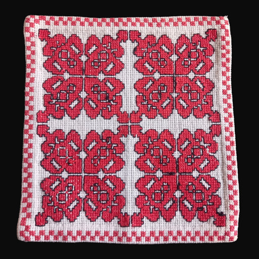 traditional hungarian folk art textile doily red geometric pattern cross stitch handmade