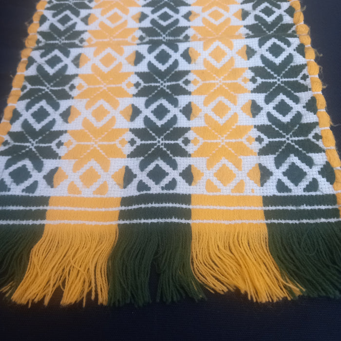 Vintage Hungarian Folk Art Table Runner Green Yellow Star Handmade Decor 1970s