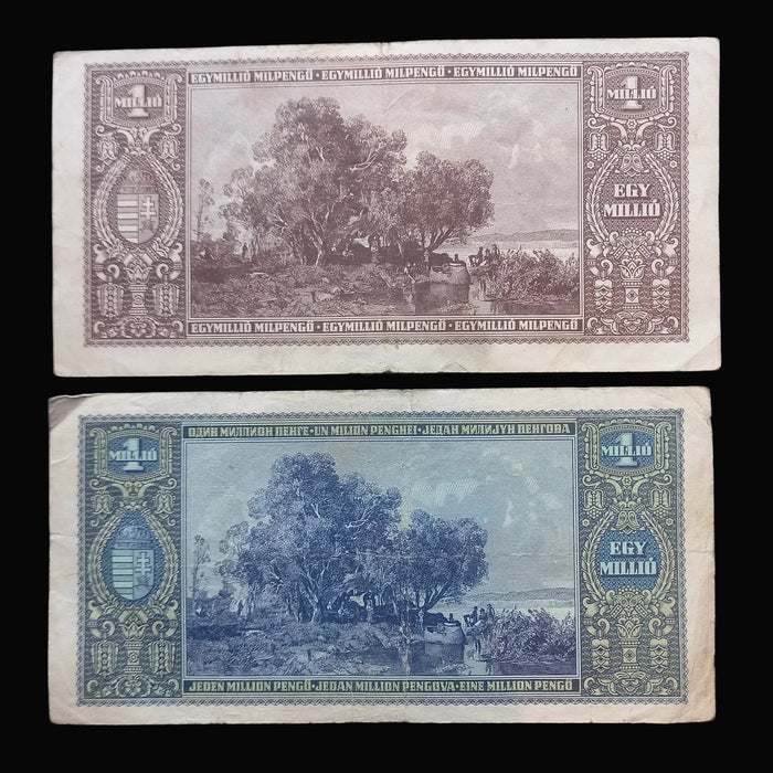 1945-46 Hungary Banknote 1 Trillion & Million Pengo Milpengo Lajos Kossuth Set