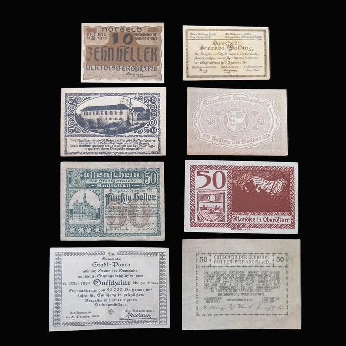 Antique Banknote Notgeld 1920 High Grade Heritage 8pc Set Emergency Paper Heller Money