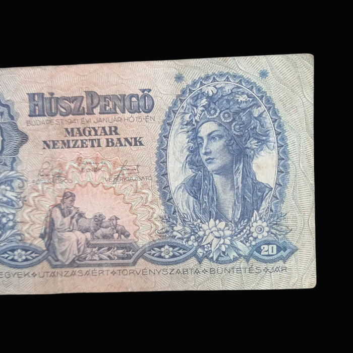 Vintage Banknote 1941 Hungary 20 Pengő WWII Era Paper Money Collectible Old Hungarian Cash