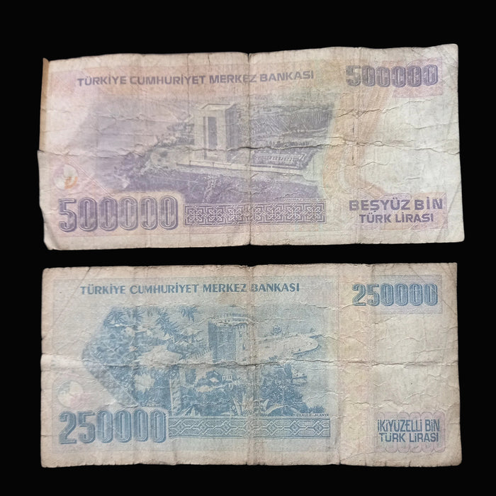 Vintage Banknote 1997-1998 Turkey Lira 250,000 500,000 Ataturk Hyperinflation Money Set UV