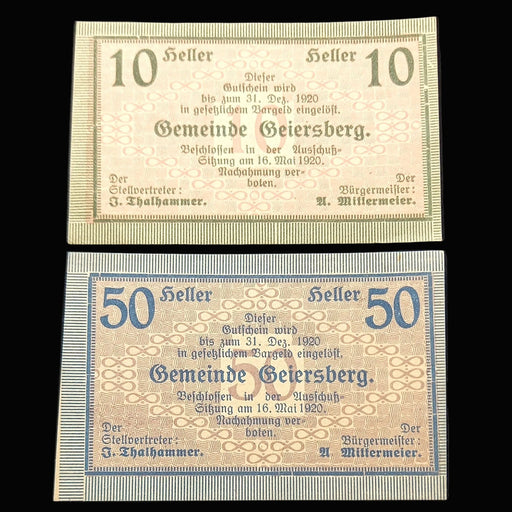 Three vintage banknotes from Gemeinde Geiersberg on a black background
