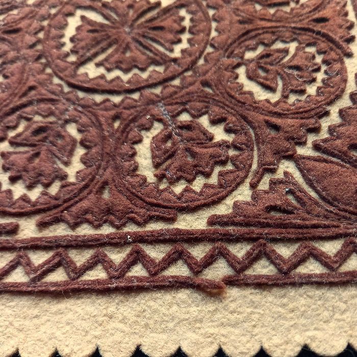 Vintage Hungarian Wool Felt Appliqué Szűr Folk Art Handmade Brown Square 1970-80s
