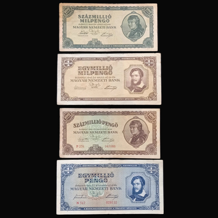 Vintage Banknote 1945-46 Hungary Pengő Milpengő 4pc Set 100 Trillion WWII Hyperinflation Money