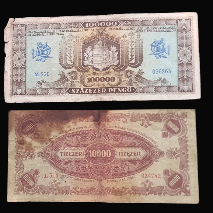 Vintage Banknote 1945-46 Hungary Pengő Milpengő 5pc Set 100 Trillion Hyperinflation Progression