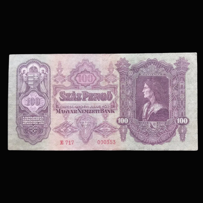 Vintage Banknote 1930 Hungary 100 Pengő Low Serial 000353 King Matthias Old World Money