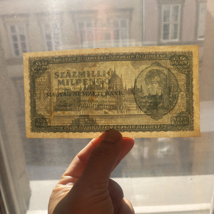 1946 Hungary Banknote 100 Million Milpengo Trillion Pengo Hyperinflation UNC Toned