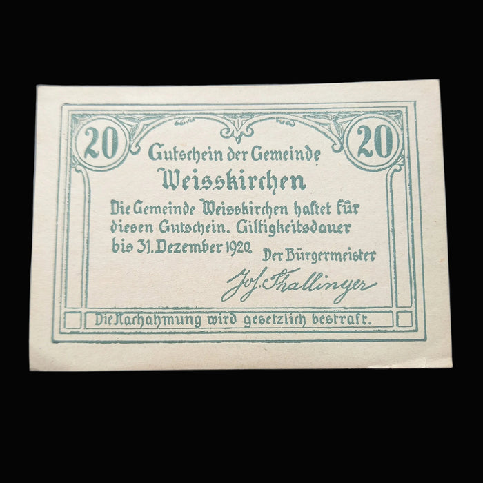 Antique Banknote 1920 Austria Weisskirchen Notgeld Set 20 & 50 Heller Emergency Money