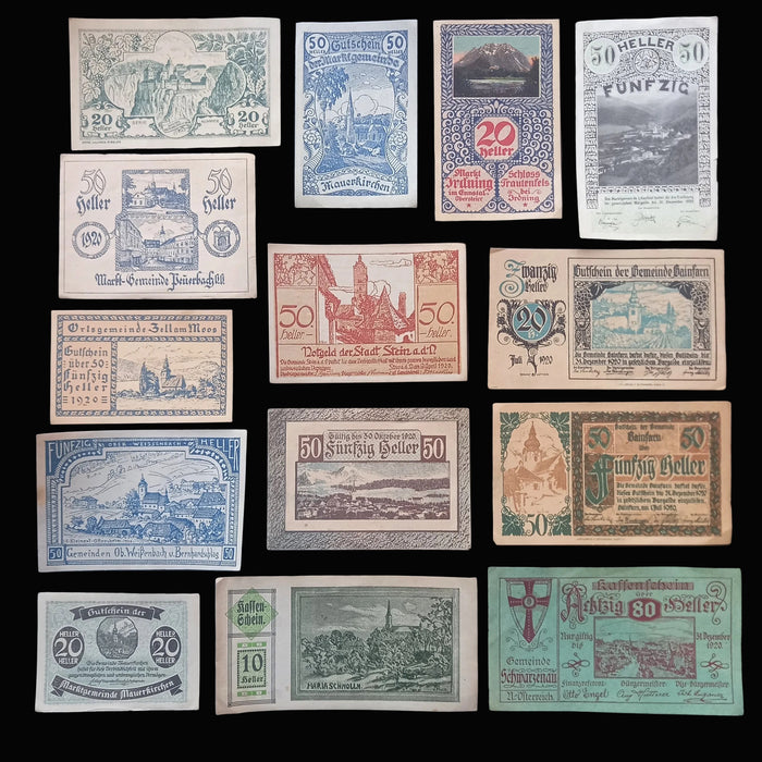 Antique Banknote Notgeld 1920 Austria Architecture 14pc Set Rare Stamped Gainfarn Heller Pair