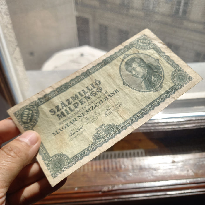 Vintage Banknote 1946 Hungary Százmillió Milpengő 100 Million 100000000000000 Pengő VF