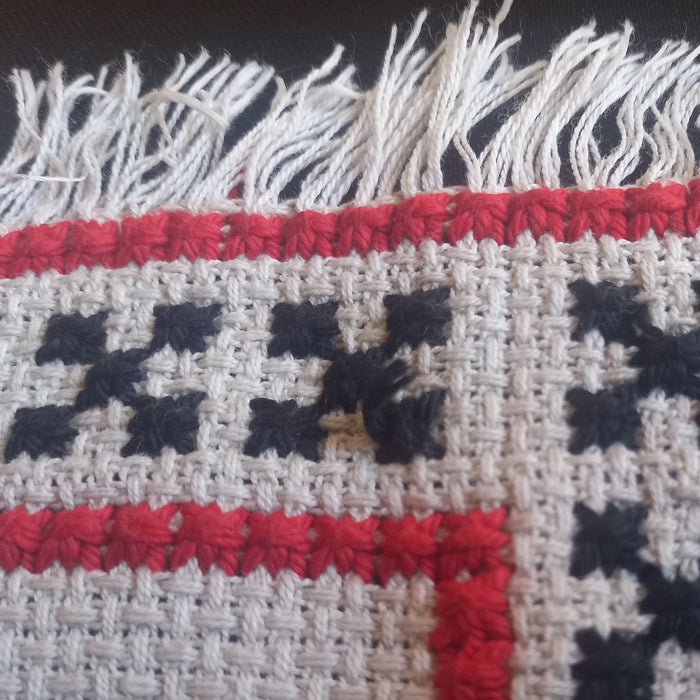 Vintage Hungarian Folk Art Table Runner Red Heart Cross-Stitch Table Runner 1950-60s