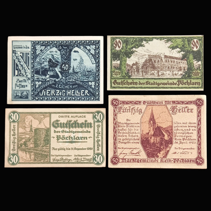 Antique Banknote 1920 Austria Meggenhofen Klein-Pochlarn 30 40 50 90 Heller Woodcut Set