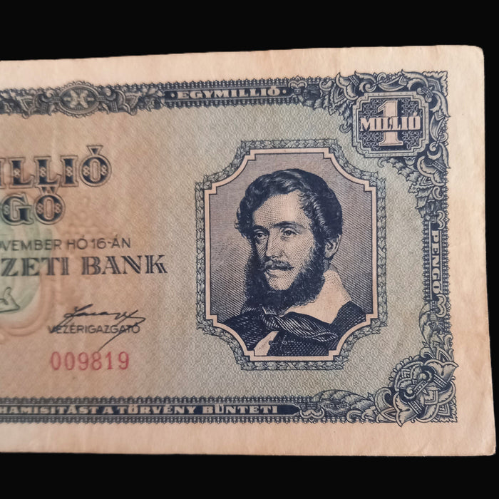 Vintage Banknote 1945 Hungary One Million Pengő 1000000 Hyperinflation Money Lajos Kossuth XF