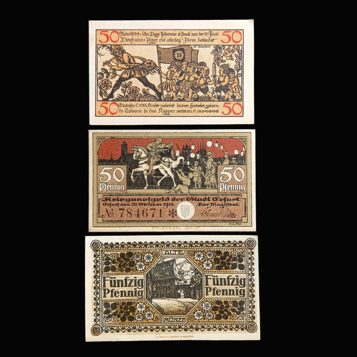 Antique Banknote 1918 Germany 50 Pfennig Notgeld Hameln Erfurt Hildesheim Set UNC