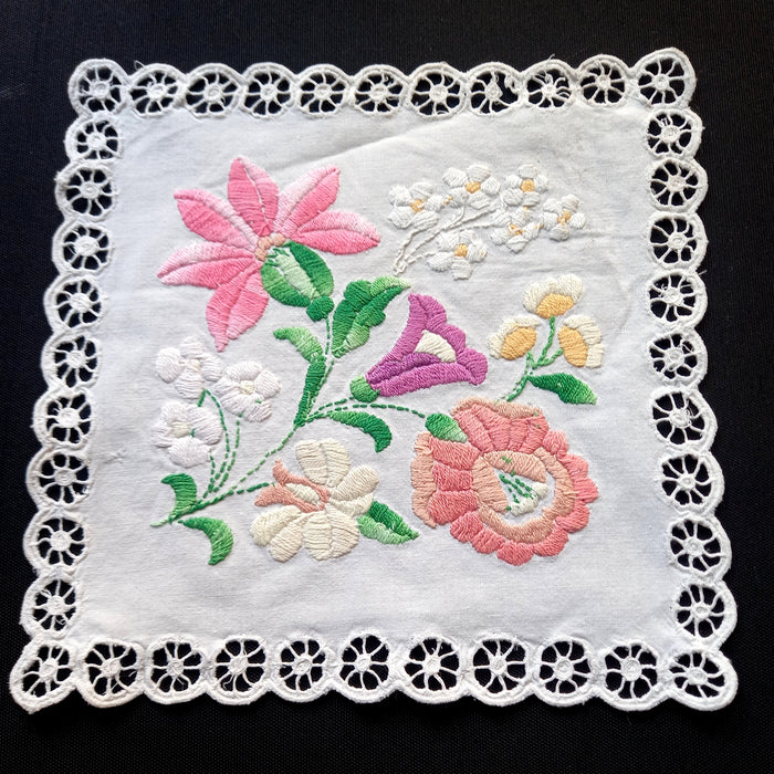 Vintage Hungarian Kalocsa Doily Hand Embroidered Pastel Floral Square 1970s