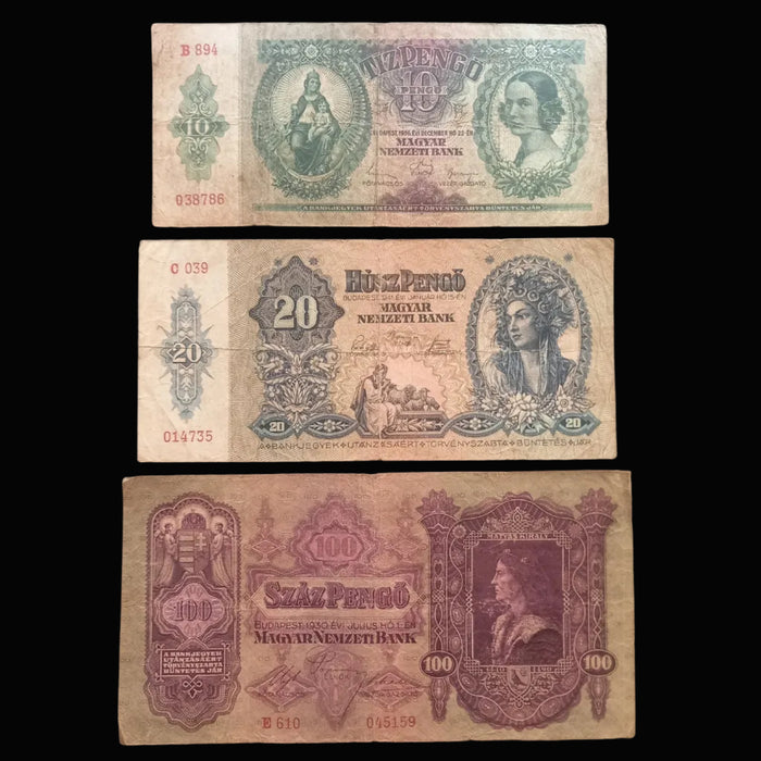 Vintage Banknote 1930-1941 Hungary Pengő 3pc Set Tíz Húsz Száz 10 20 100 Progression Bills