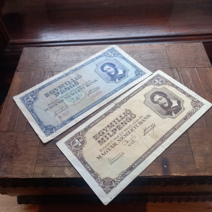 1945-46 Hungary Banknote 1 Trillion & Million Pengo Milpengo Lajos Kossuth Set