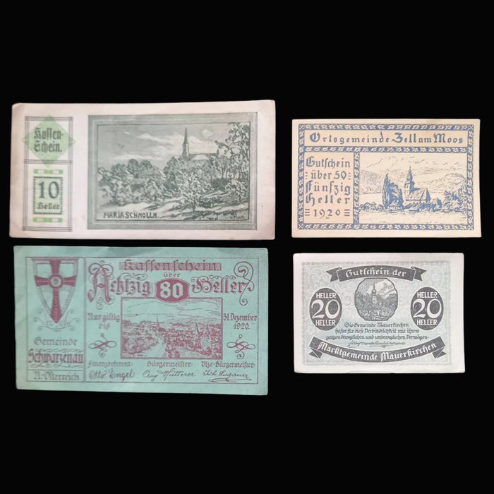 Antique Banknote Notgeld 1920 Austria Architecture 14pc Set Rare Stamped Gainfarn Heller Pair