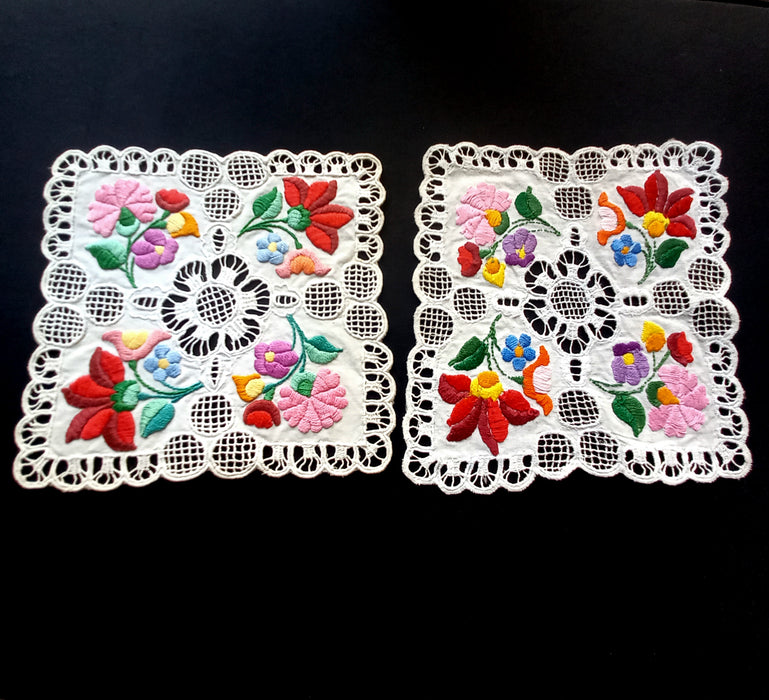 Vintage Hungarian Kalocsa Doilies 2 Hand-Embroidered Richelieu Heirlooms 1970s