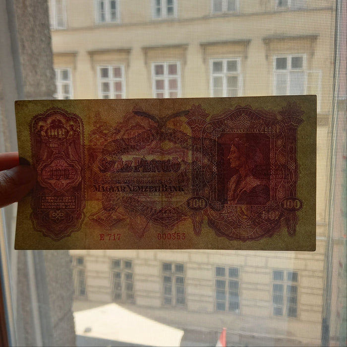 Vintage Banknote 1930 Hungary 100 Pengő Low Serial 000353 King Matthias Old World Money