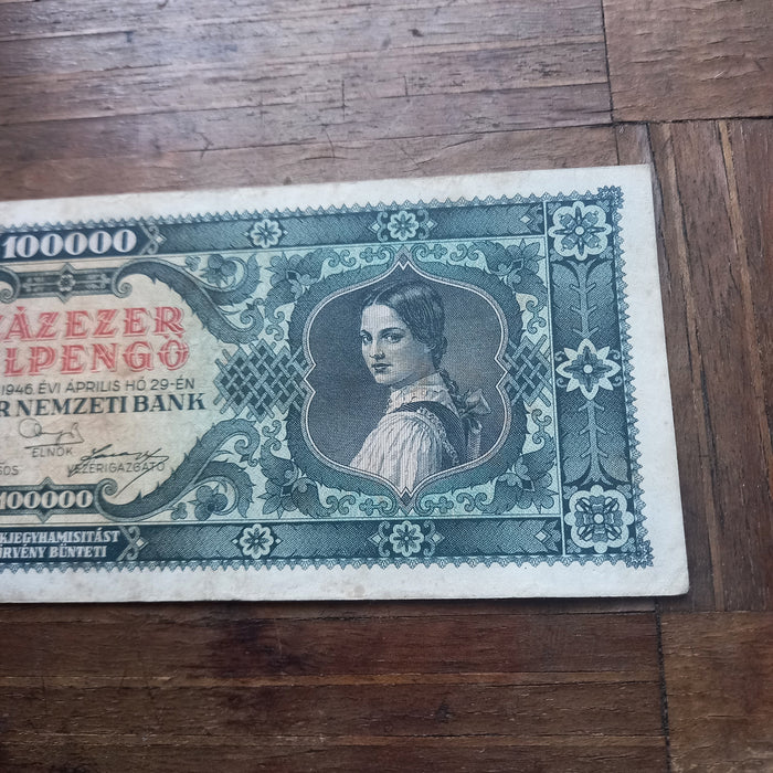 1946 Hungary Banknote 100K Milpengo 100 Billion Pengo Woman & Coat of Arms