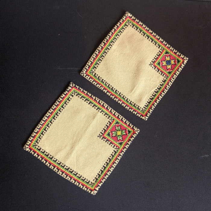 Vintage Hungarian Folk Art Doily Set 2 Handmade Yellow Cocktail Napkins Boho 1960s