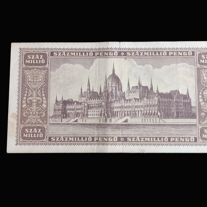 Vintage Banknote 1946 Hungary 100 Millió Pengő Girl Parliament Hyperinflation WWII Crisis