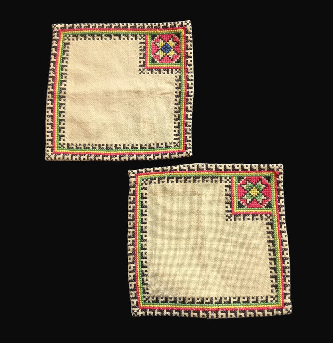 Vintage Hungarian Folk Art Doily Set 2 Handmade Yellow Cocktail Napkins Boho 1960s