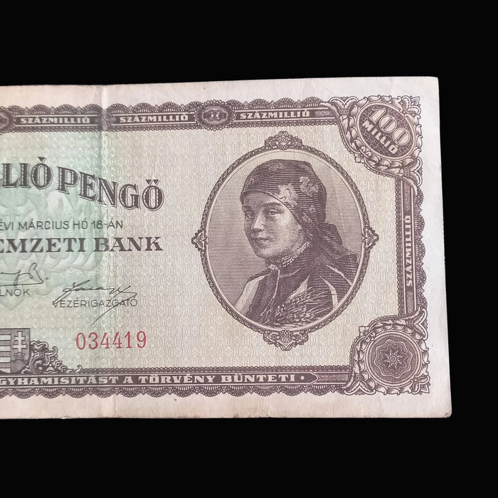 Vintage Banknote 1946 Hungary 100 Millió Pengő Girl Parliament Hyperinflation Art
