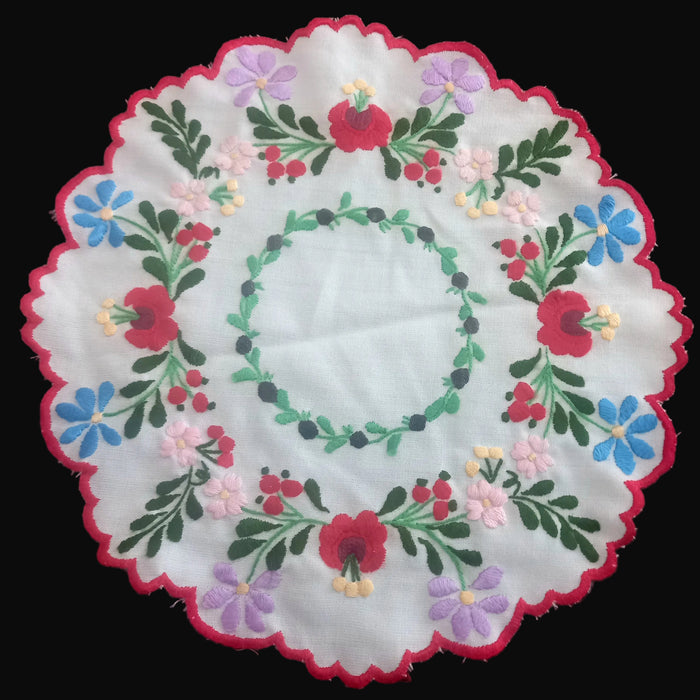 Vintage Hungarian Kalocsa Doily Round Wreath Wildflowers Handmade Decor 1960s