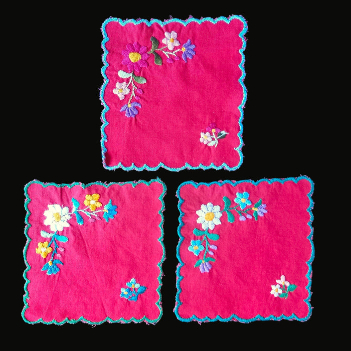 Vintage Hungarian Kalocsa Doily Set of 3 Red Floral Linen Cocktail Napkins 1970s
