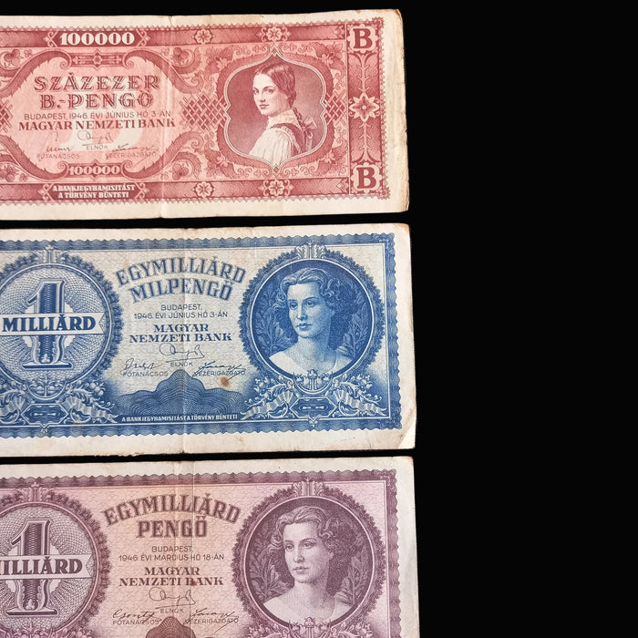 Vintage Banknote 1946 Hungary Billion Trillion Quadrillion Hyperinflation Progression 3pc Set