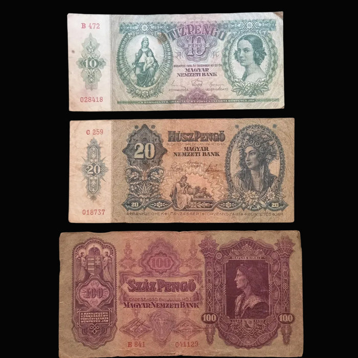 Vintage Banknote 1930-1941 Hungary Pengő 3pc Set 10 20 100 Collectible Old Paper Money