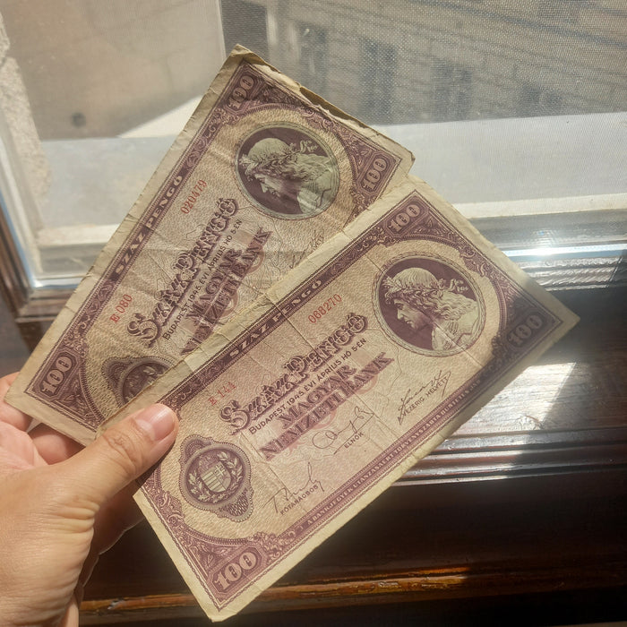 Vintage Banknote 1945 Hungary 100 Száz Pengő E-Series Pair King Matthias WWII Paper Money