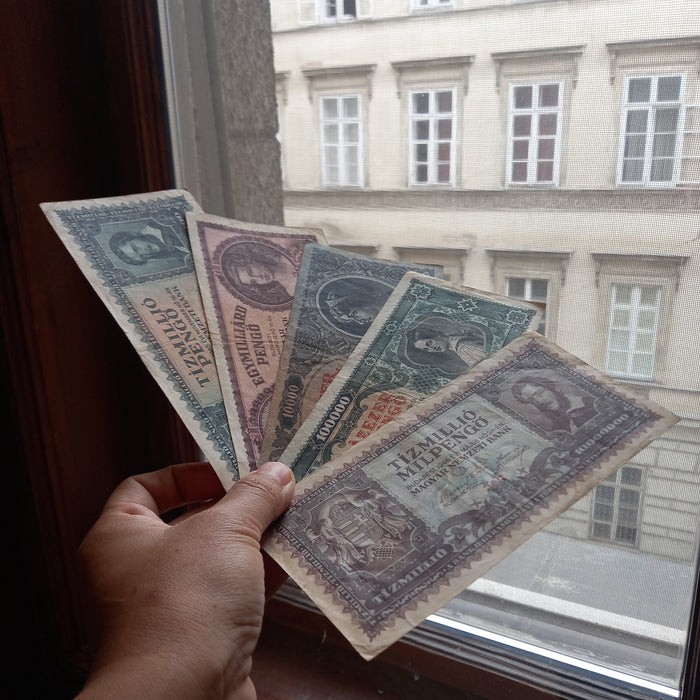 Vintage Banknote 1945-46 Hungary Pengő Premium 5pc Set Million Billion Trillion Milpengo Money