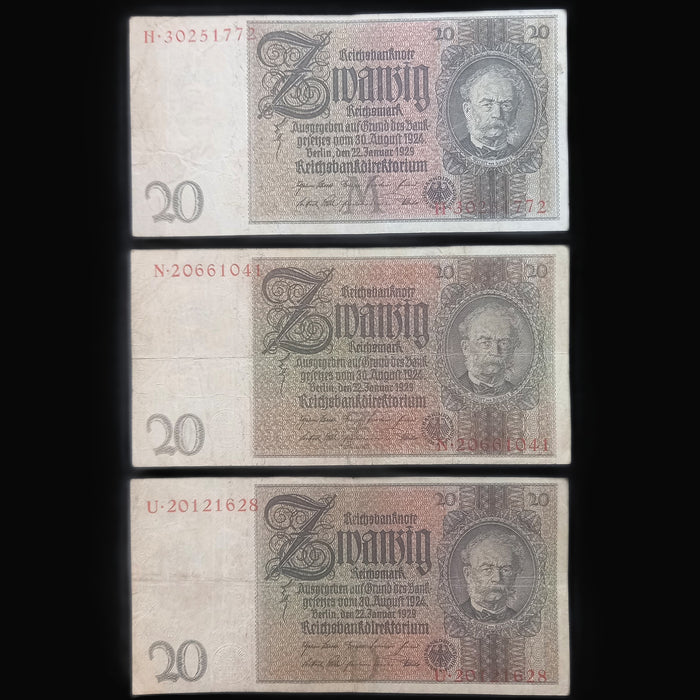 Antique Banknote 1929 Germany 20 Reichsmark 3pc Premium Choice Currency Collection