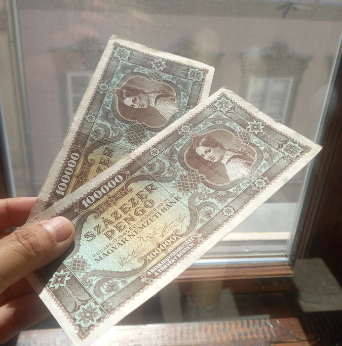 Vintage Banknote 1945 Hungary 100K Százezer Pengő Pair Matching M-Series Lucky 888 Triplet Serial